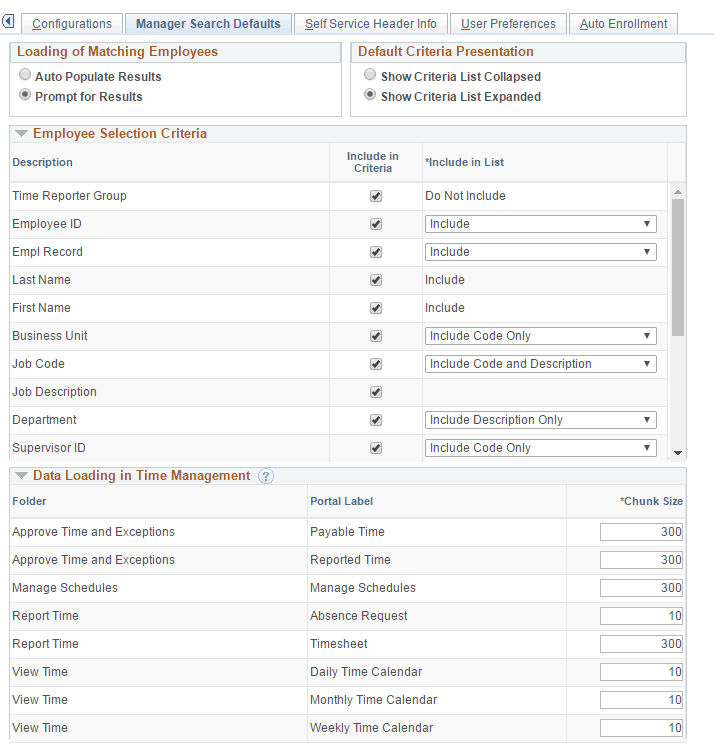 Manager Search Defaults page