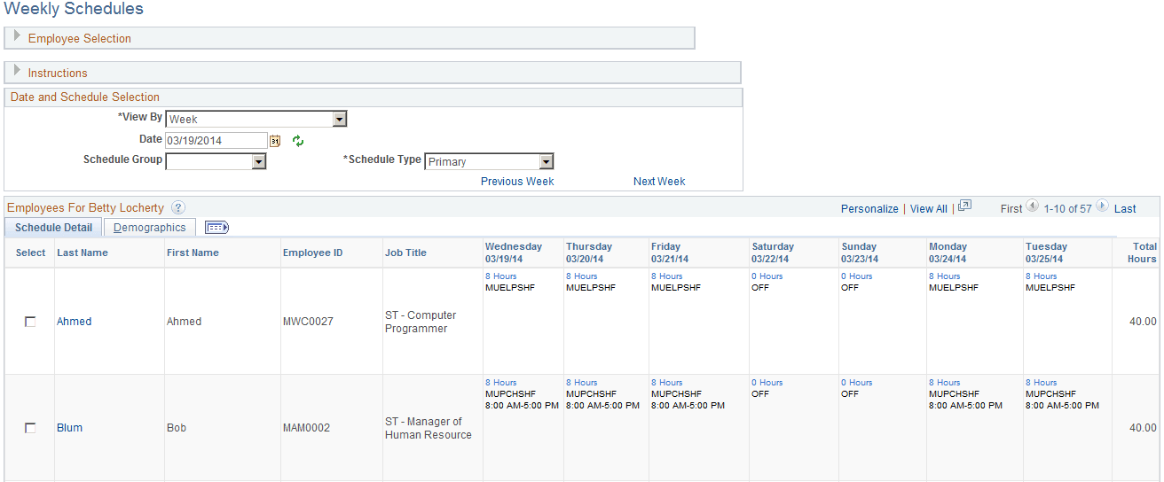 Weekly Schedules page (1 of 2)