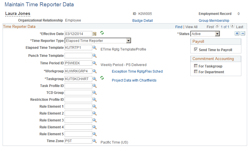 Maintain Time Reporter Data page