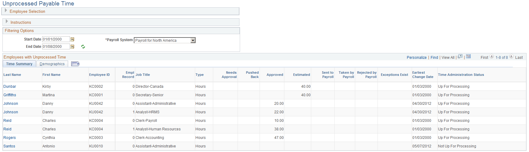 Unprocessed Payable Time page