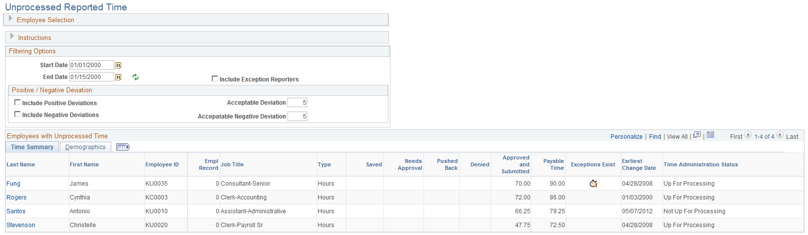 Unprocessed Reported Time page
