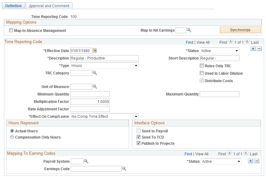Time Reporting Code - Definition page