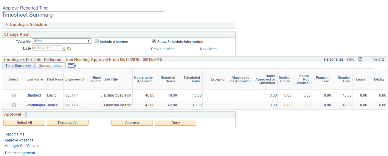 Reported Time - Timesheet Summary page