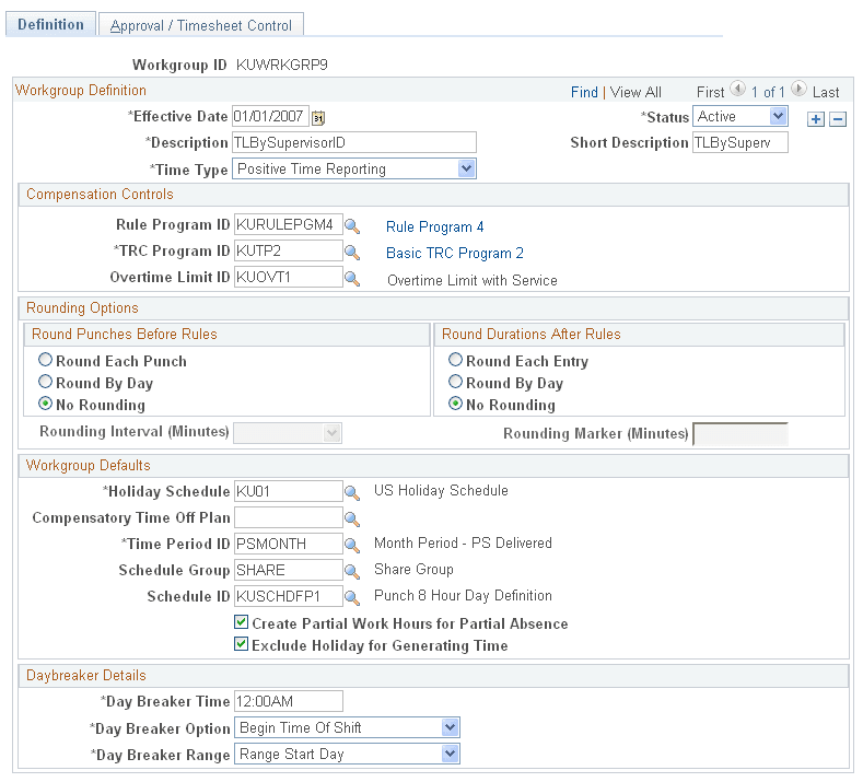 Workgroup - Definition page