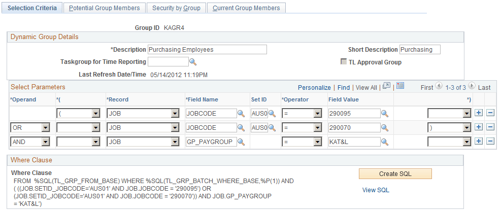 Dynamic Group - Selection Criteria page