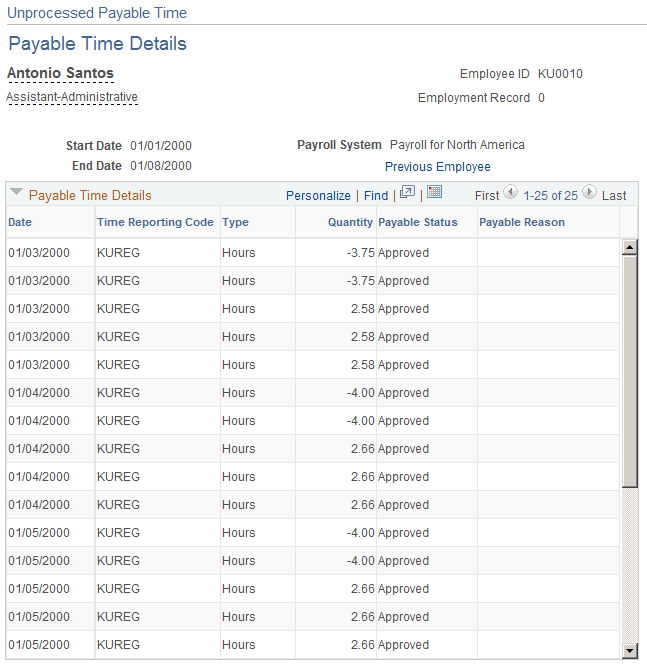 Unprocessed Payable Time Details page