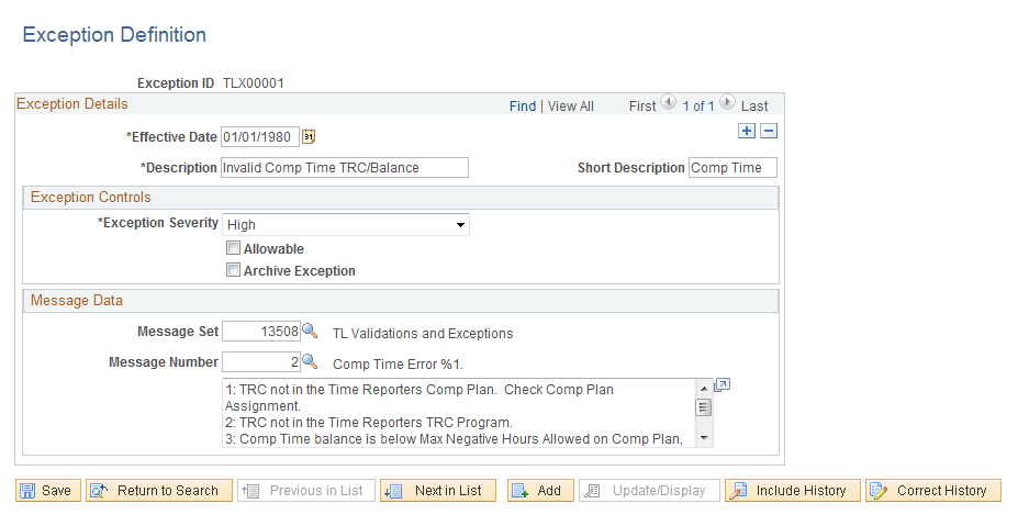 Exception Definition page