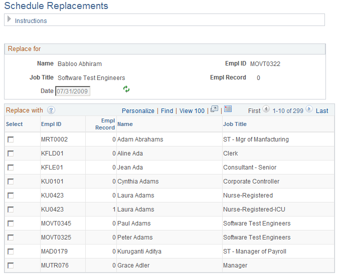 Schedule Replacements page