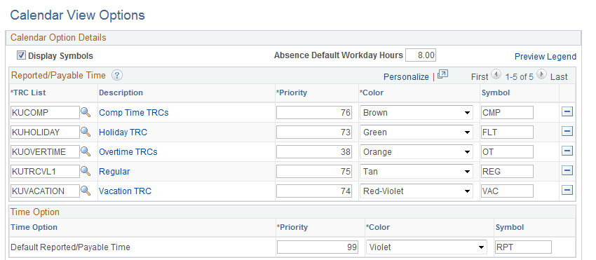 Calendar View Options page (1 of 2)