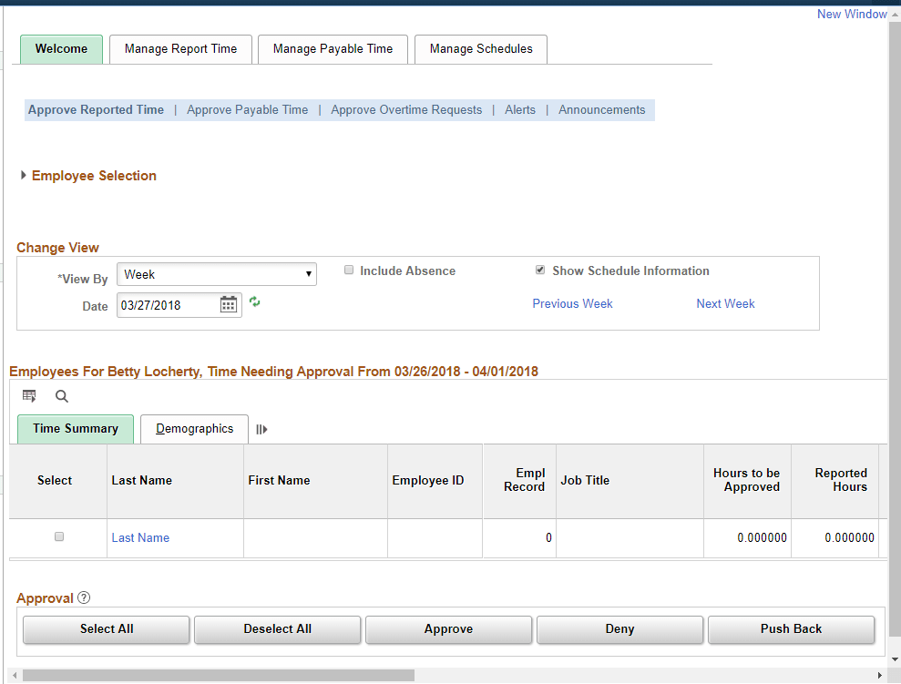 Welcome tab in the Time and Labor WorkCenter