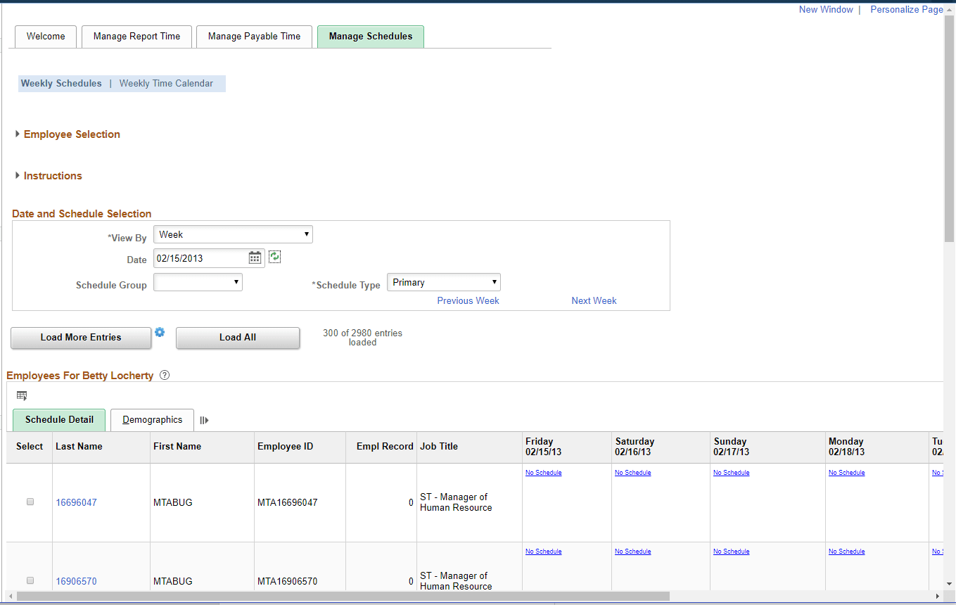 Manage Schedules tab in the Time and Labor WorkCenter