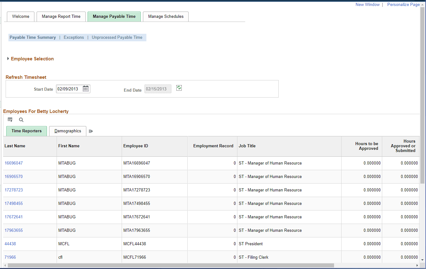 Manage Payable Time tab in the Time and Labor WorkCenter