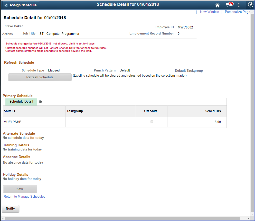 Schedule Detail Page for beyond Schedule change limit