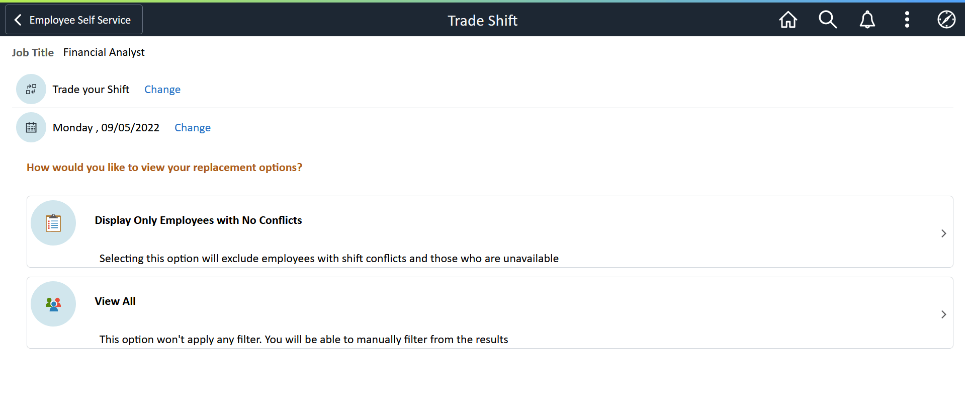 Trade Shift Action Page