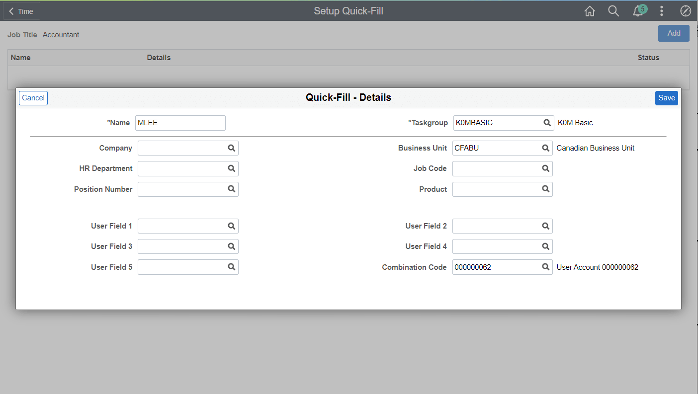 Setup Quick Fill page with ChartFields