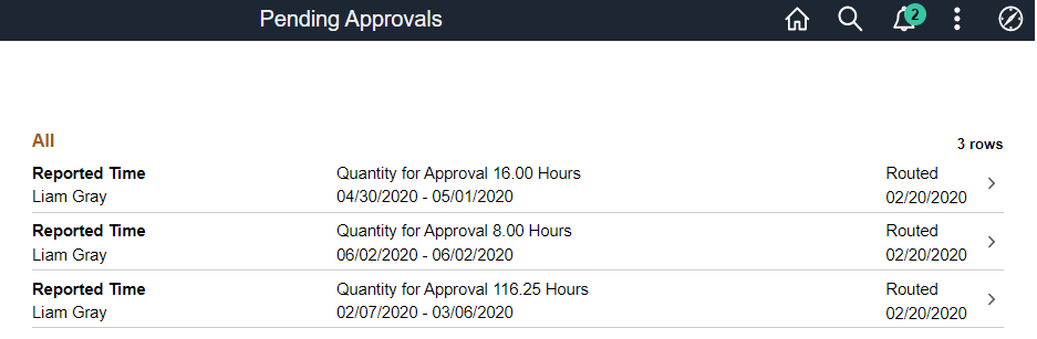 Reported Time Approvals Page