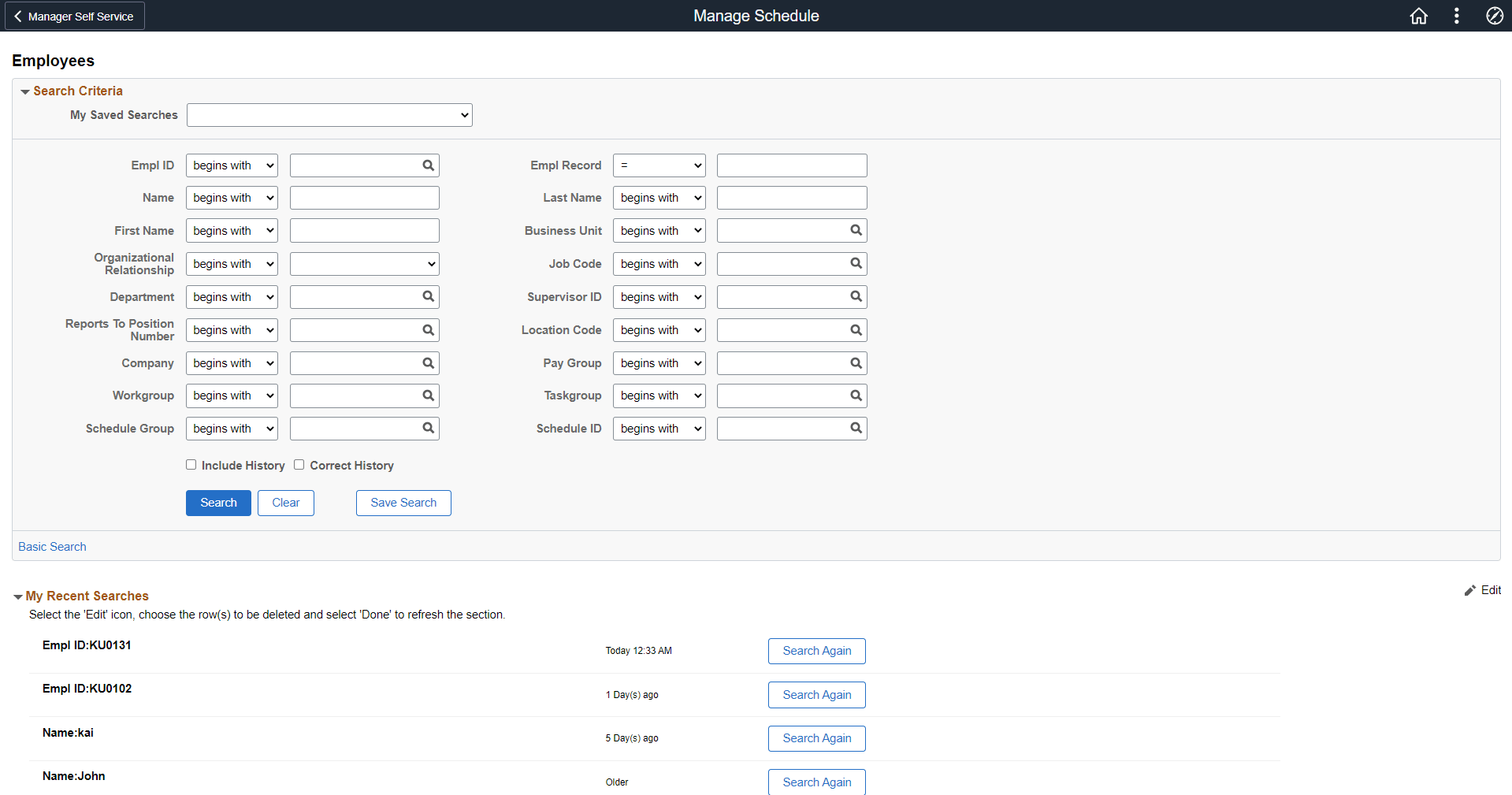 Employee Search for Manage Schedule