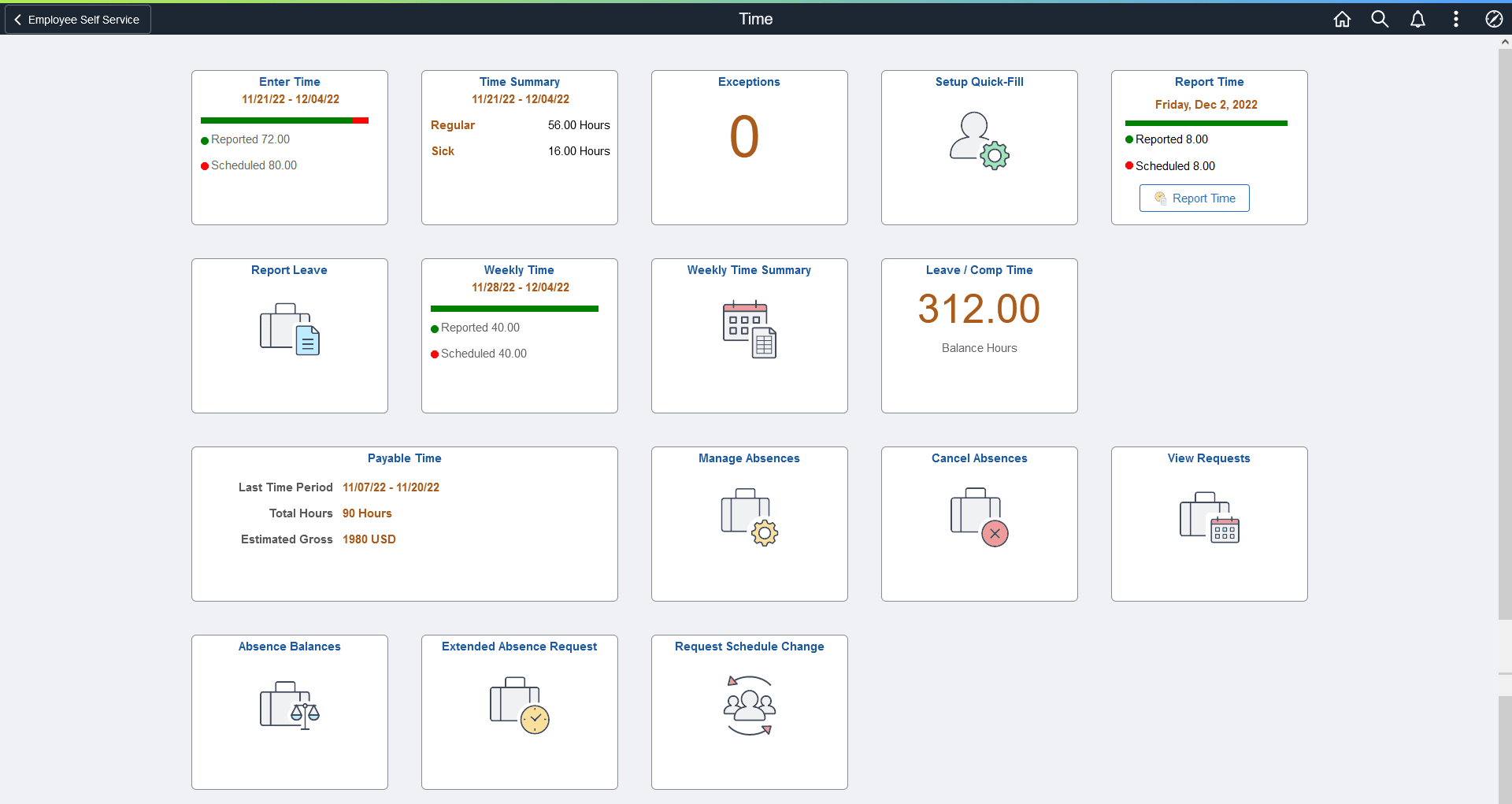 Actionable Tile Collection page for Punch Time Reporter