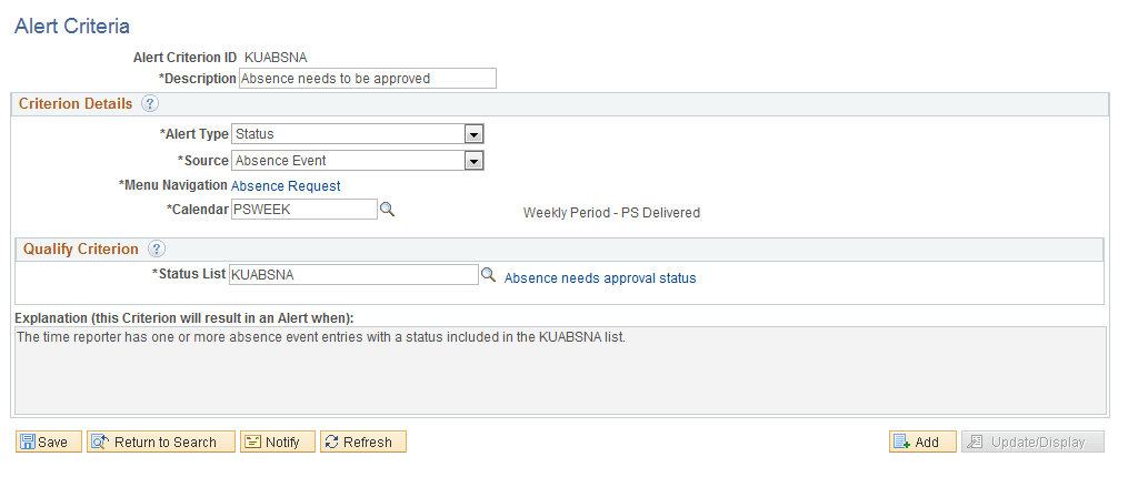 Alert Criteria:Status page