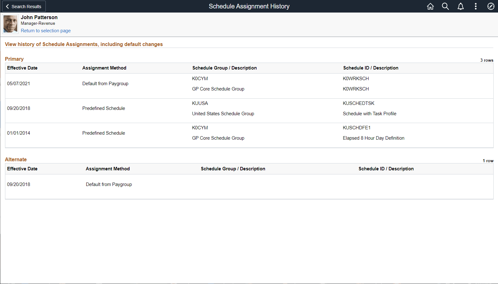 Schedule Assignment History Page