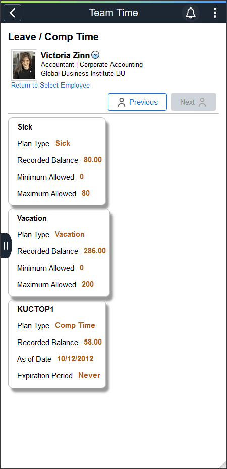 (Smartphone) Leave Comp Time Summary page