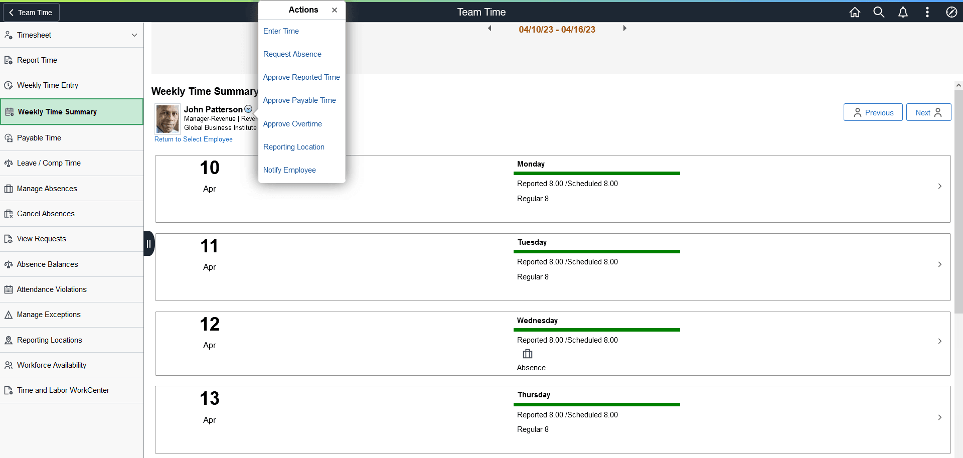 Weekly Time details with Related actions