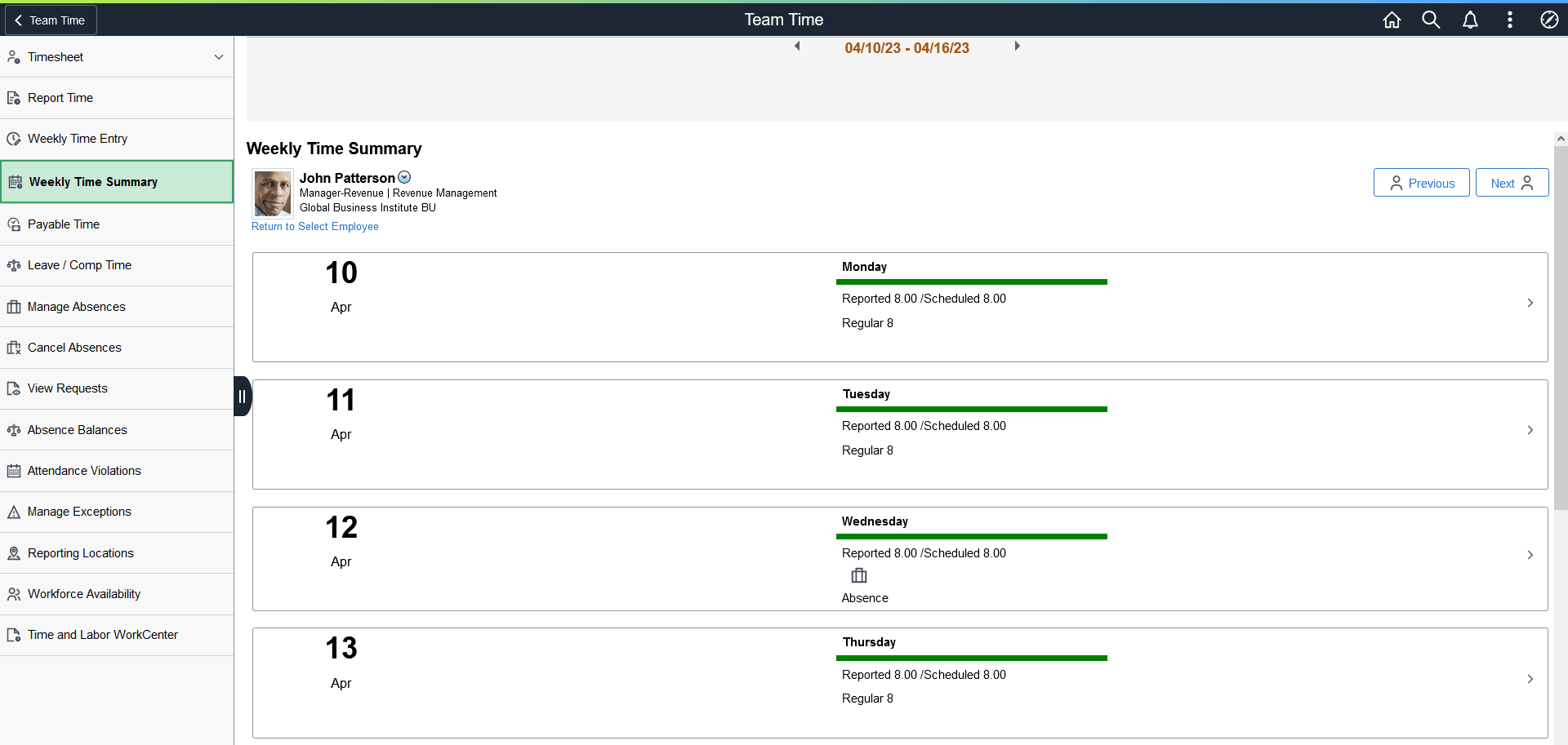 Weekly Team Time for Manager Self Service