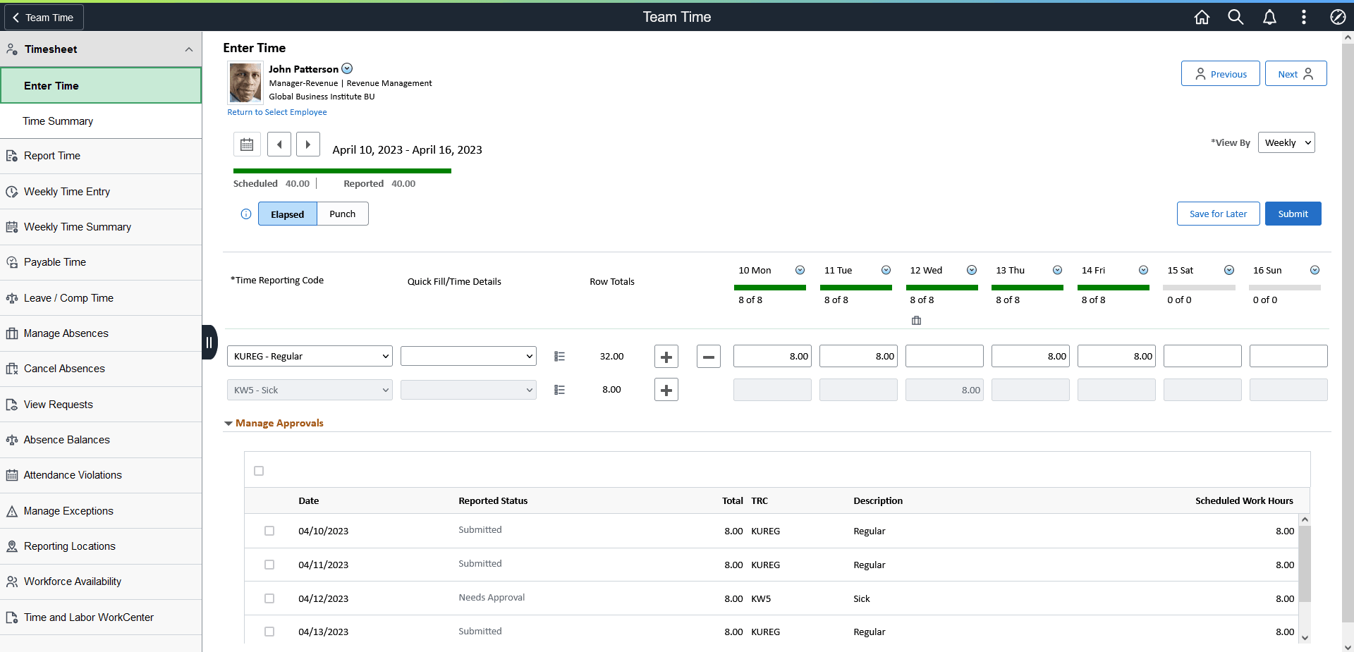 Enter Time_Auto Approval for Manager_Elapsed