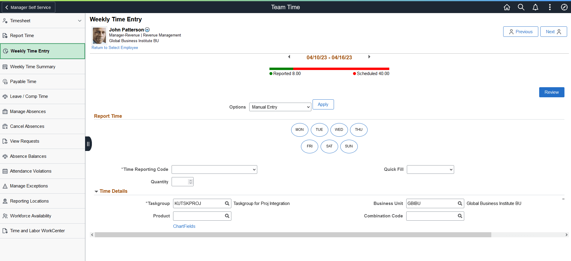 Weekly Time Entry Page for Manager Self Service