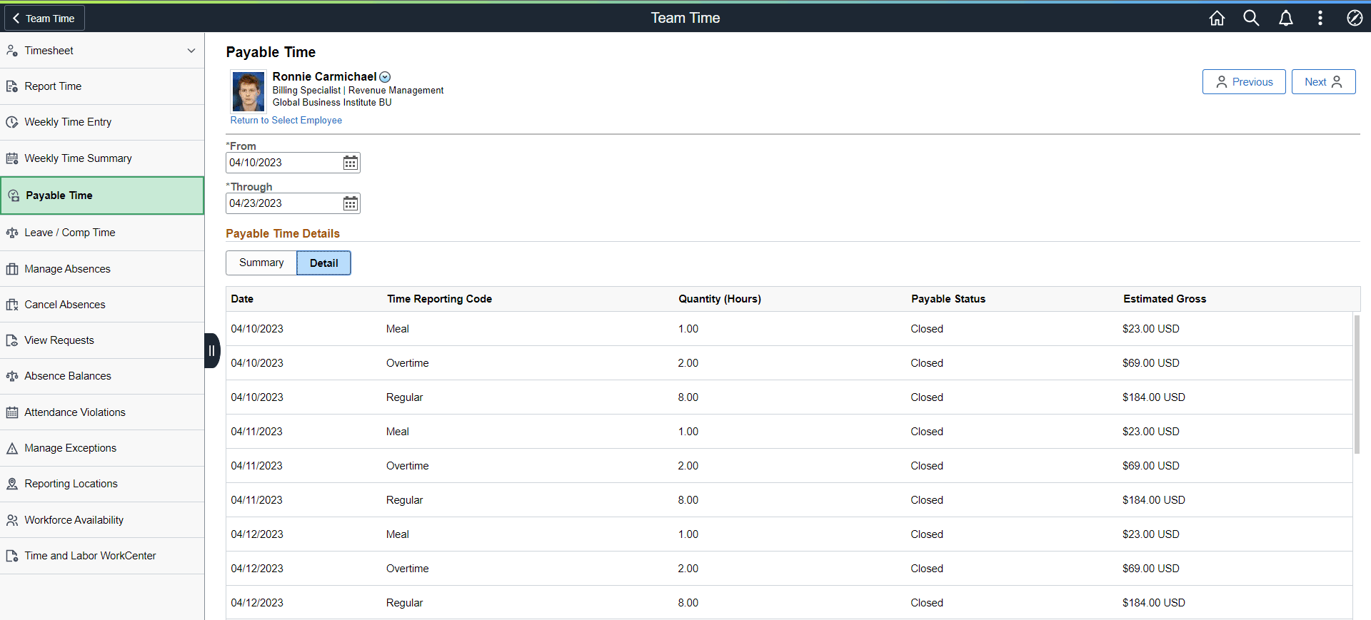 Payable Time_Details page