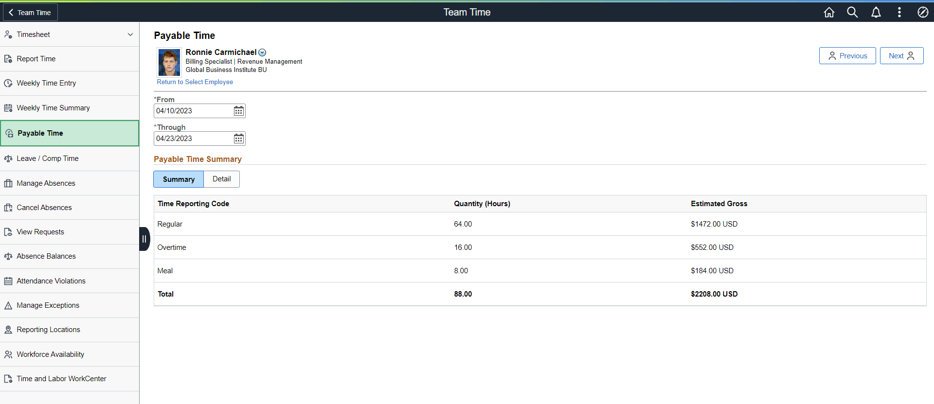 Payable Time_Summary page