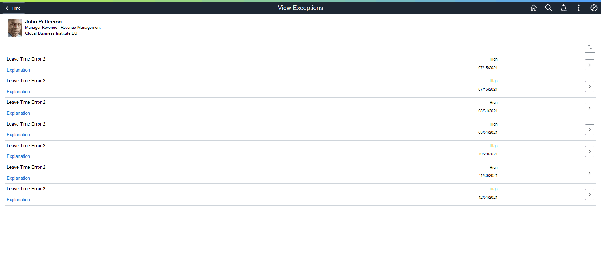 View Exceptions Page