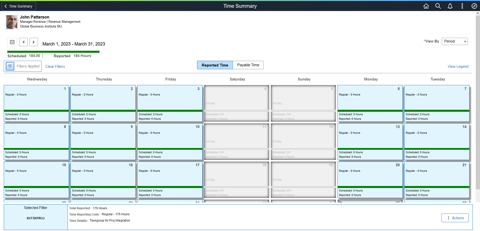 Time Summary with Selected Filter