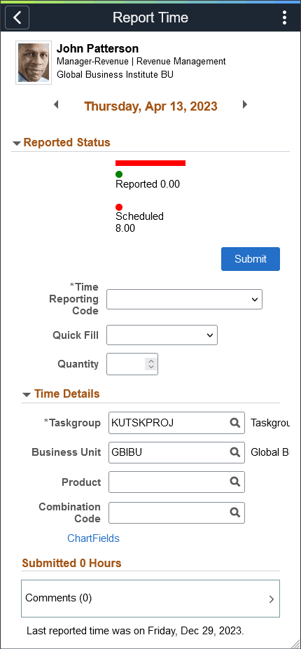 (Smartphone) Report Time Page with ChartFields