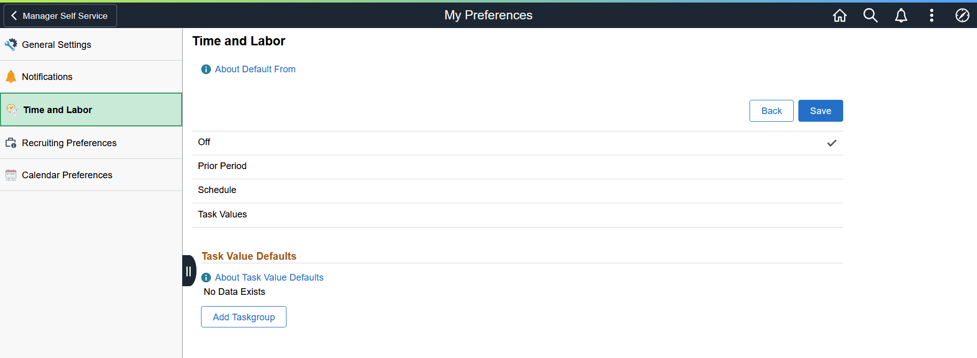 Default From section of the Time Reporting Preferences page