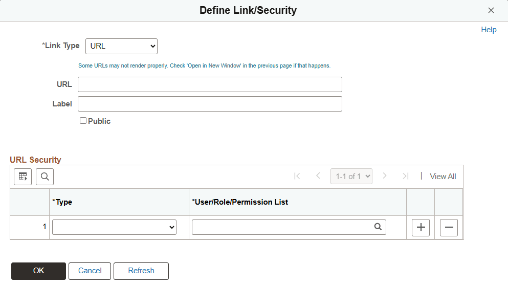 Define Link/Security page (URL link type)