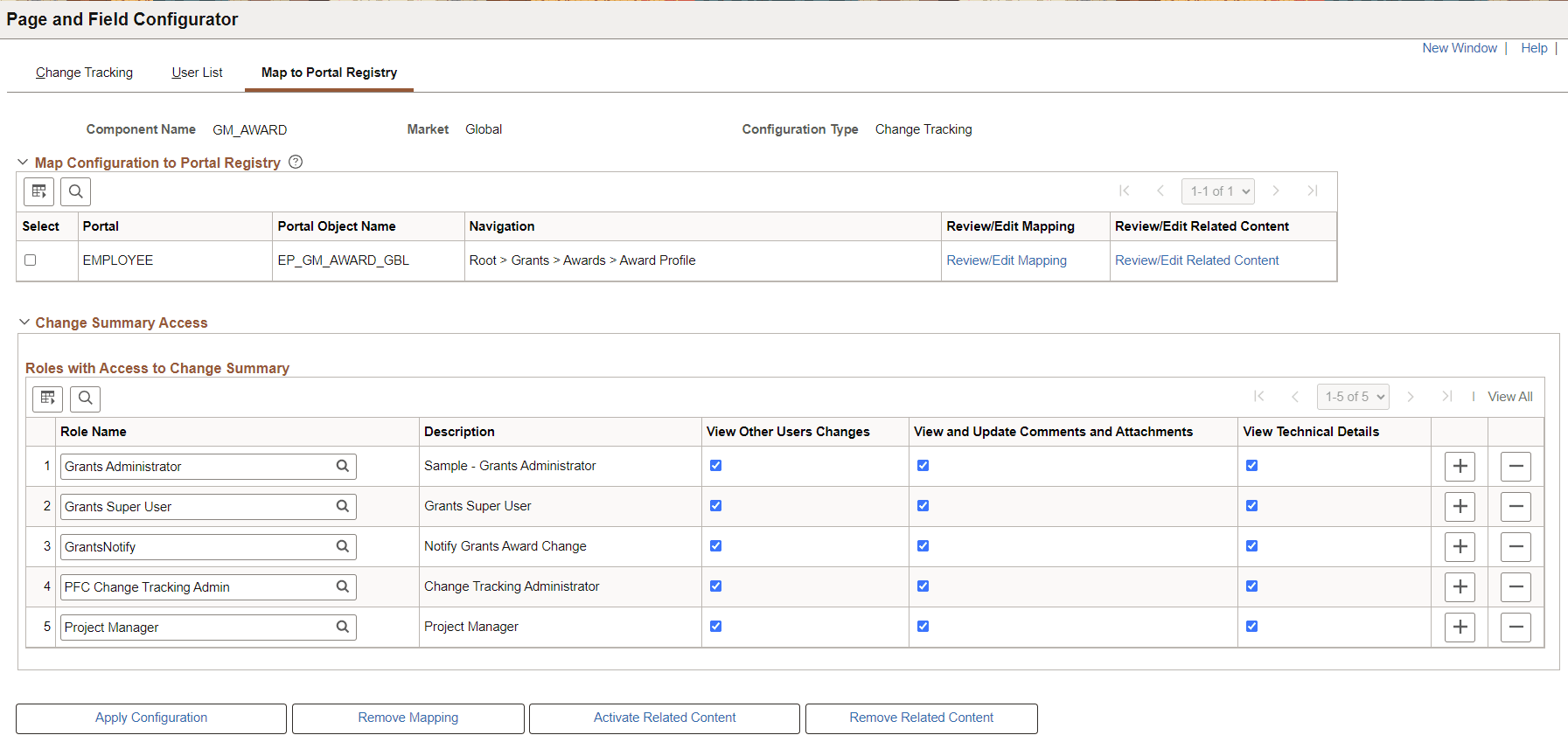 Map to Portal Registry page (Configuration Type is Change Tracking)