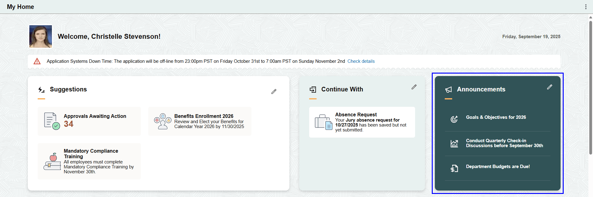 Announcements section on the landing page