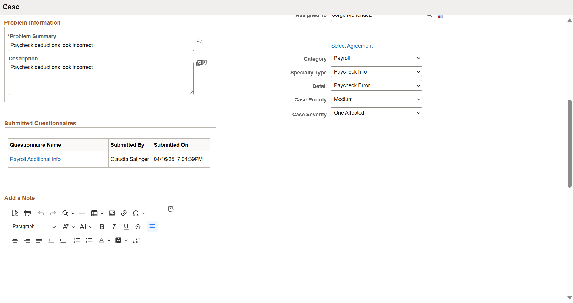 Access the questionnaire from a case page