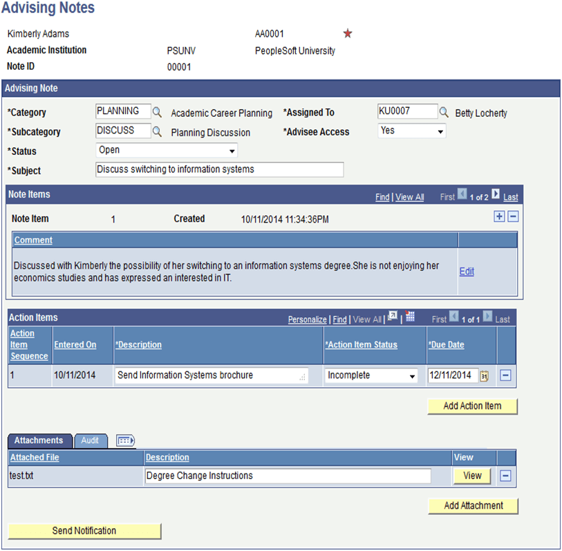 Advising Notes Administration page