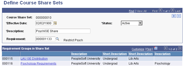 Example of Define Course Share Sets page