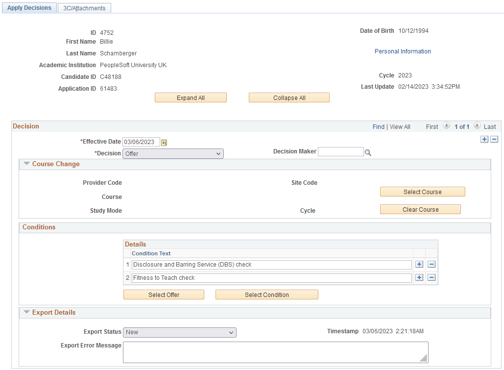 Apply Decisions page (1 of 2)