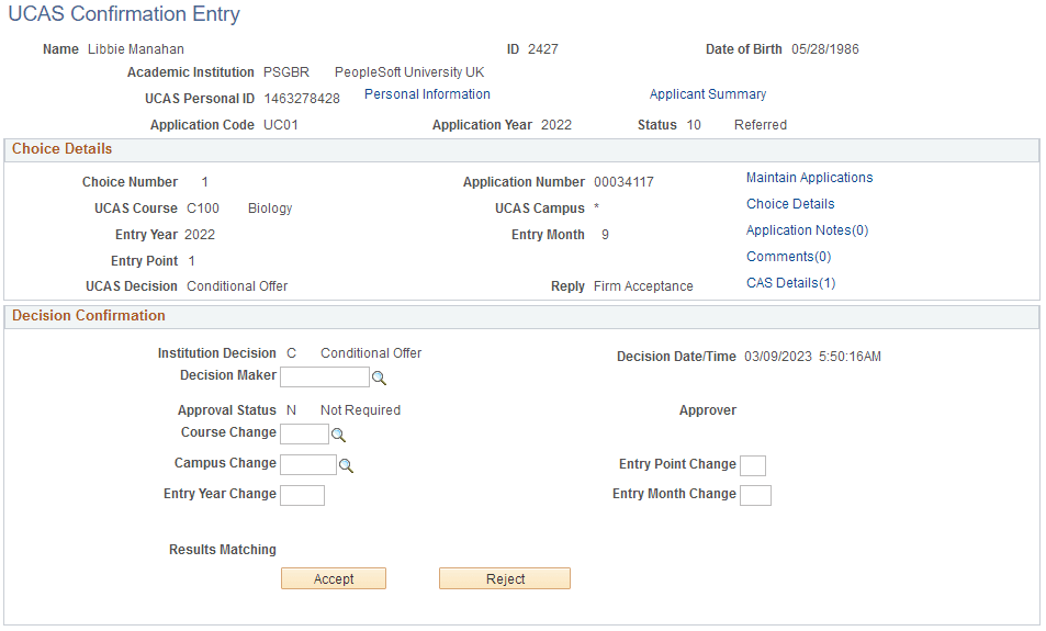 UCAS (Universities and Colleges Admissions Service) Confirmation Entry page (1 of 3)