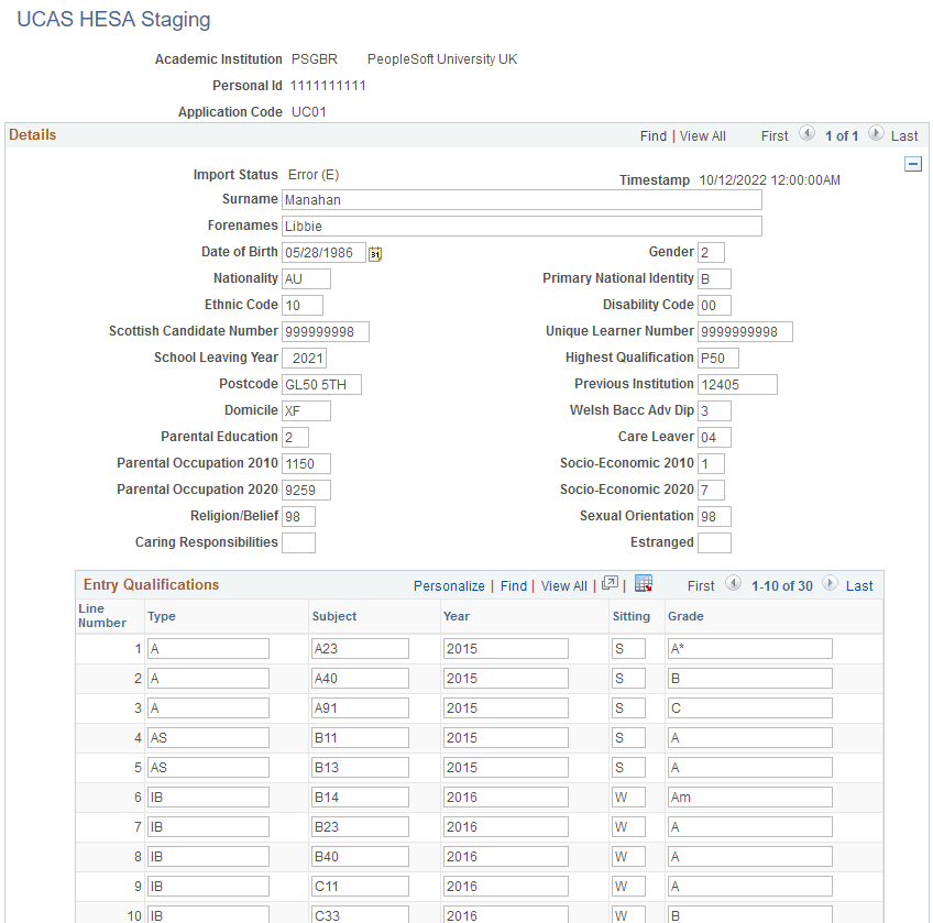 Example of a Staging Data page