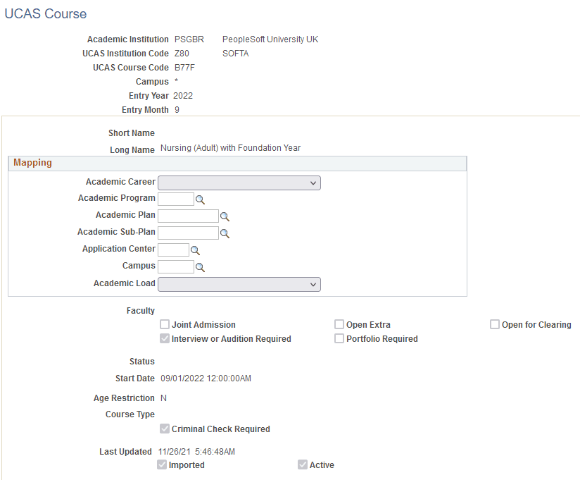 UCAS (Universities and Colleges Admissions Service) Course page