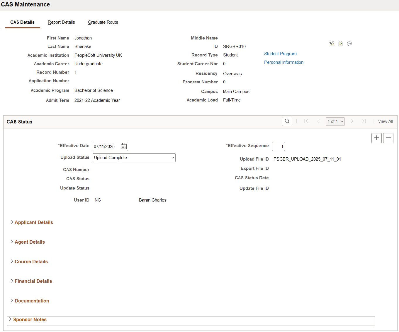 CAS (Confirmation of Acceptance of Studies) Details page