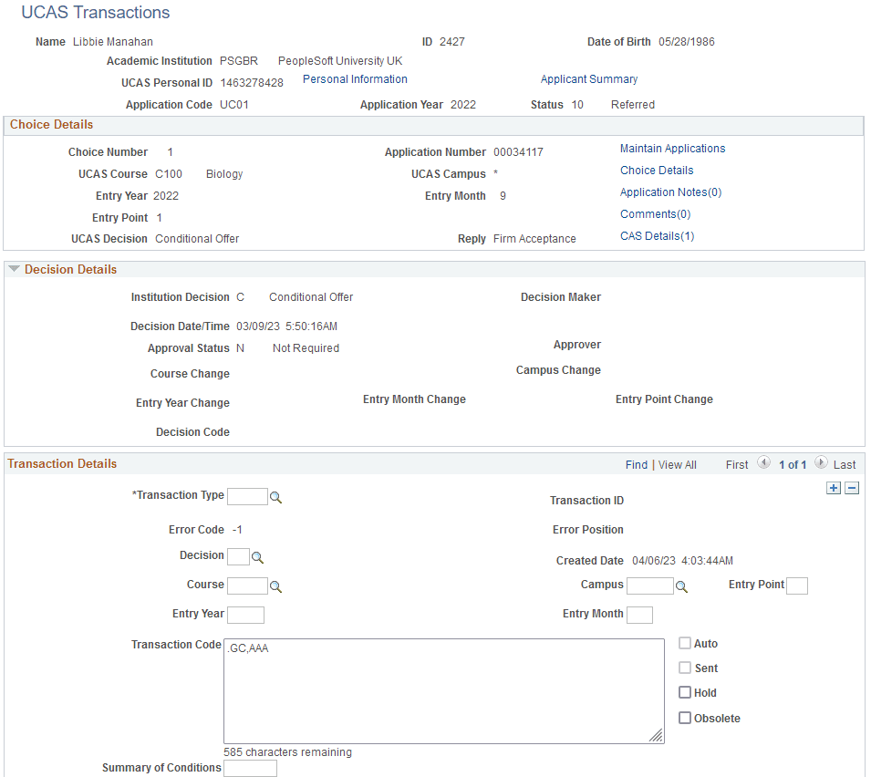 UCAS (Universities and Colleges Admissions Service) Transactions page