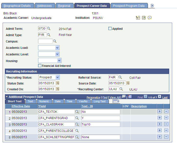 Prospect Career Data page