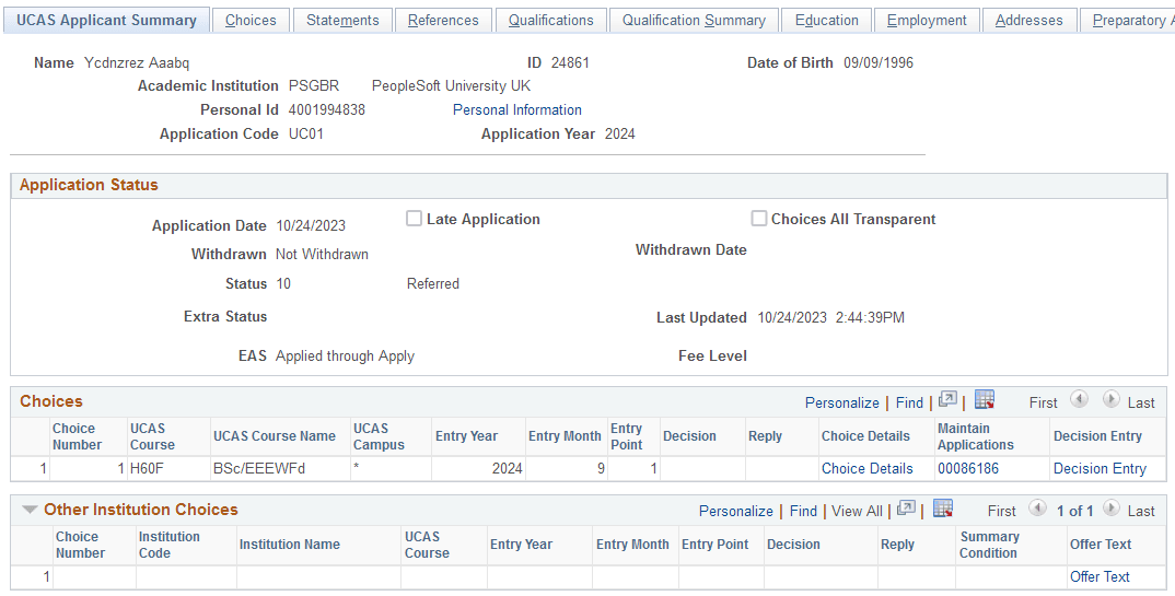 UCAS (Universities and Colleges Admissions Service) Applicant Summary page (1 of 3)