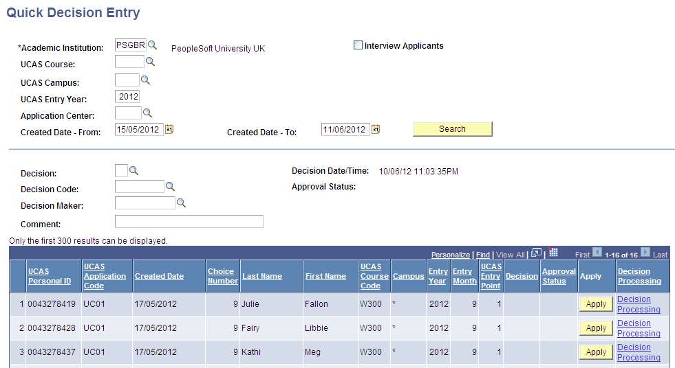 UCAS (Universities and Colleges Admissions Service) Quick Decision Entry page